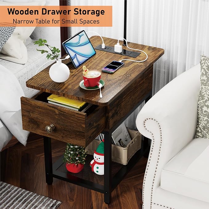 runjuly Floor Lamp with Table, Narrow Side Table with Charging Station | Wood Drawer, Built in Type-C and USB Port, Light Attached Nightstand, End Table for Living Room / Bedroom, Rustic Brown