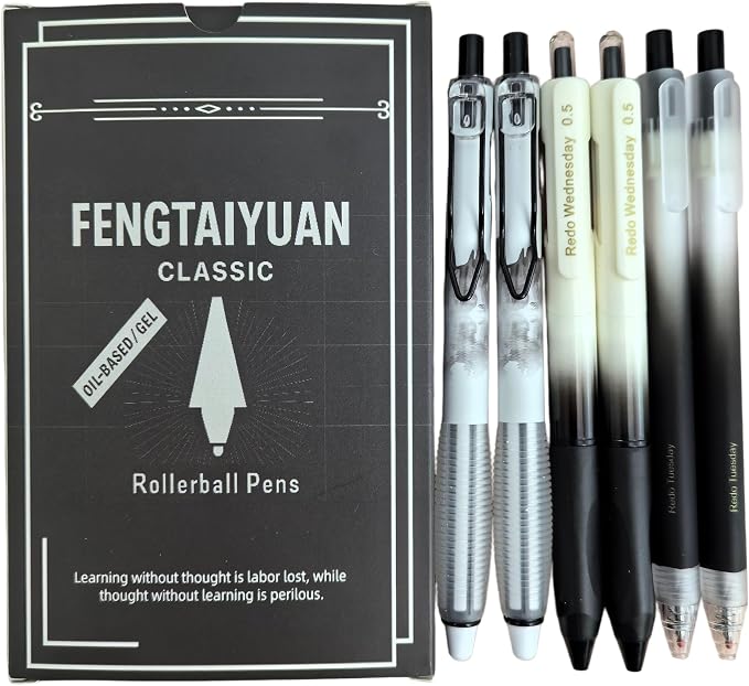 Fengtaiyuan Retractable Gel Pens, 0.5mm Fine Point Black Ink, Quick Dry No Smudge Gel Pens with Comfort Grip, Smooth Writing for School Office Note Taking, 6 Pack