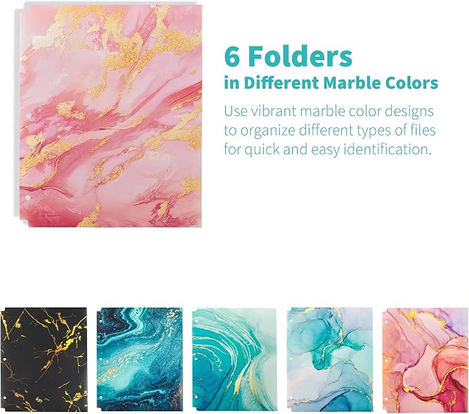 Binditek 6 Pack Plastic Folders with 2 Pockets, 3-Hole, Marble Colors | Letter Size, 2-Pocket File Folders with Card Slots, Waterproof, Fits 3 Ring Binders, School and Office Supplies