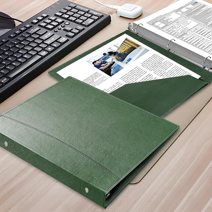 Vintage Faux Leather 3-Ring Binder, 2-Inch Spine, Round Ring, Fits Letter Size 8.5" x 11" Paper, Built-in Interior Pockets, Professional Document Binder (Green, 2 Inch)