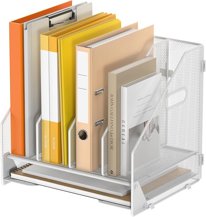 4 Vertical Mesh Desk Organizer with Paper Letter Tray, White | Sorting racks with lower letter tray section. Multipurpose mesh desktop space saver for home office and school