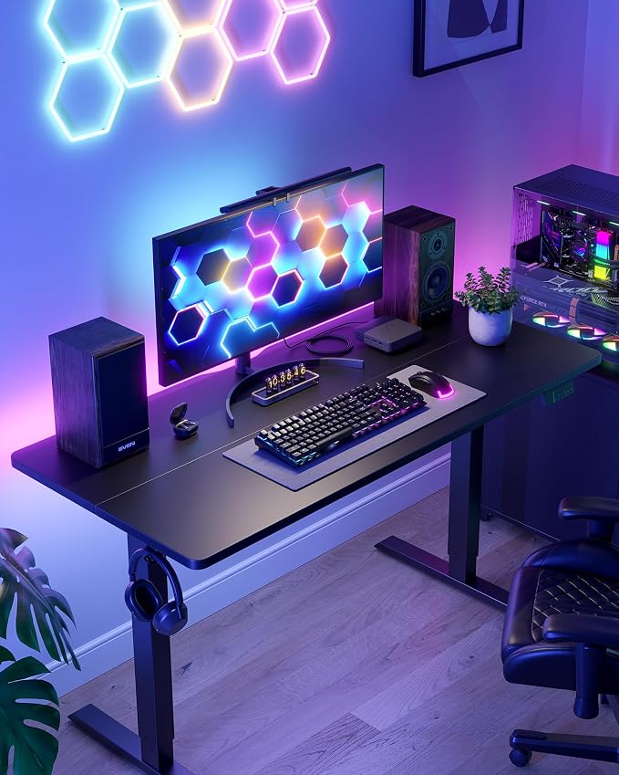 DESINO Standing Desk, 63 × 28 Inches Electric Height Adjustable, Sit and Stand Up, Computer Office Desk with Splice Board, Black Frame/Black TOP