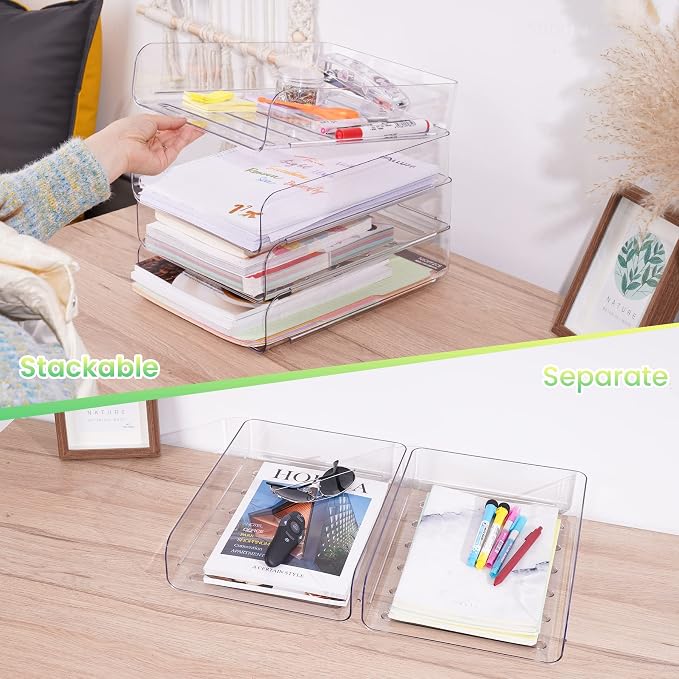 Tomorotec 4 Pack Clear Stackable Letter Tray, A4 Desk File Organizer Set | Durable PET Anti-Skid Base For Home, School Or Office Document Paper Storage. Side Load Access Design, Portrait