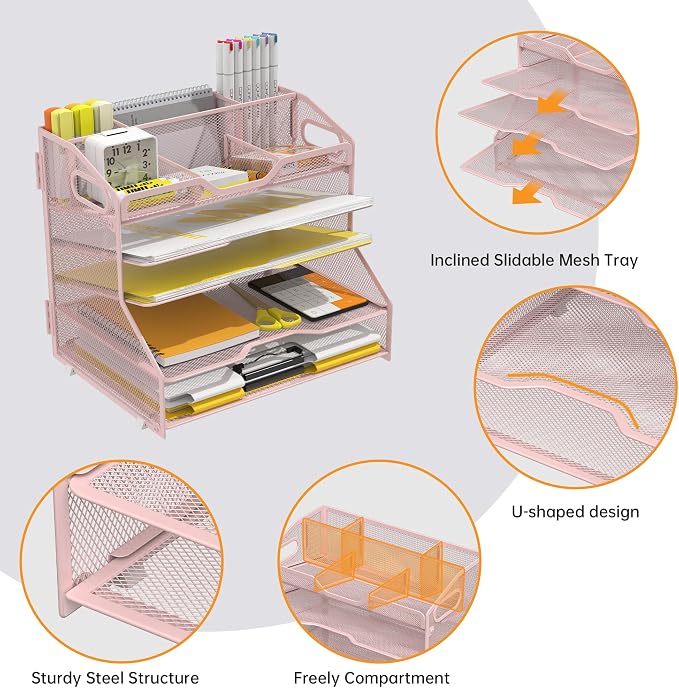 YINGHUA 5-Tier Mesh Desk Organizer, Letter Tray - Pink | Sturdy steel mesh with 3 sliding trays, 2 handles, 6 adjustable top sections. U-shaped design for easy access to office files