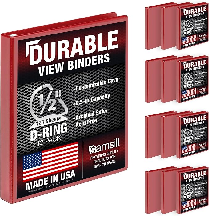 Samsill Durable 0.5 inch 3 Ring Binder, D Ring Binder,100% Recycled Chipboard, Red, 12 Pack