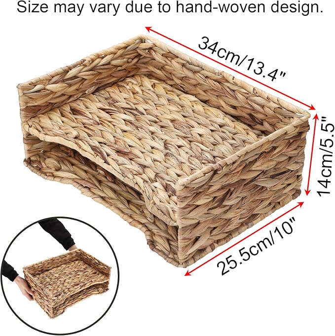 BTSKY 2 Tier Water Hyacinth Letter File Storage Basket, Woven Paper Organizer A4 File Tray Magazine Holder Woven Basket for Desk Document Office Paper Organizer and Storage