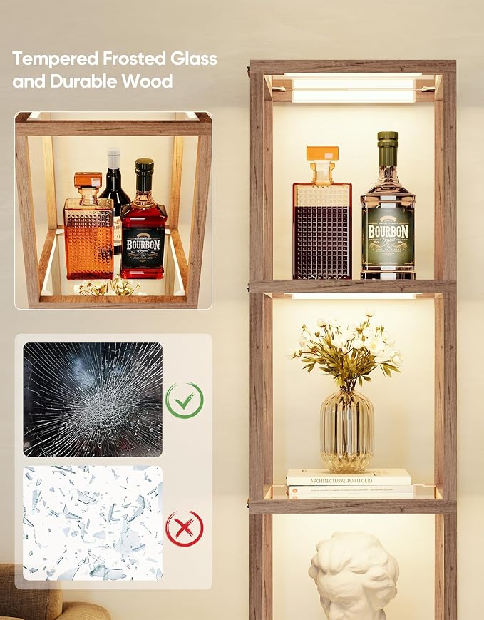 Floor Lamp Glass Display Shelf with Remote/APP Control, Dimmable LED Floor Lamp with Shelves, Open Display Cabinet, Color Temp Control (2700K-6000K), Oak Gray