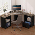 59'' Reversible L-Shaped Computer Desk, Black | Corner Desk w/ Fluted Storage, Sliding Doors, Drawers & 4AC+USB-C. Reversible Fits Any Room Layout For Home Office