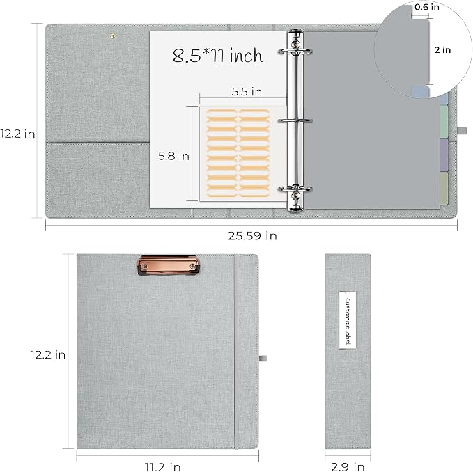 EYROZILL 3 Ring Binder 2 Inch, Binder for Letter Size (11" x 8.5") with 5 Tab Dividers, File Folder Labels and Low Profile Clipboards, Light Grey