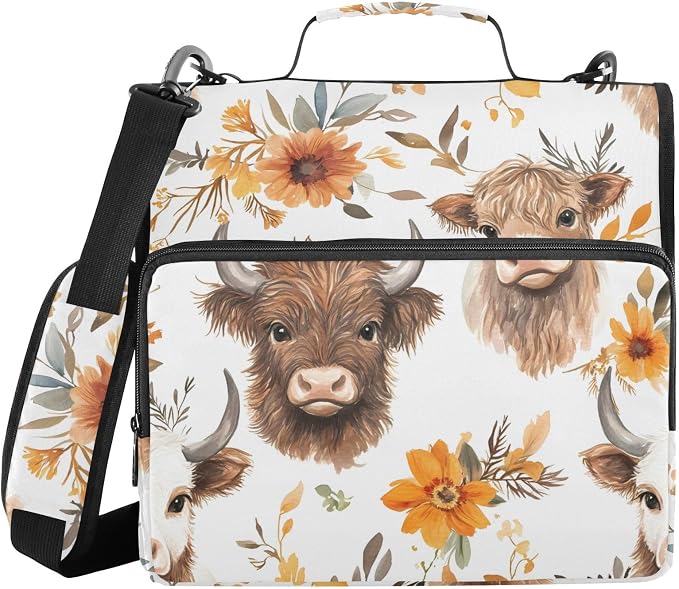 ALAZA Zipper Binder 3 Ring Highland Cows Cattle Flowers Binder Organizer with Zipper and Shoulder Strap Large Capacity Multi-Pocket Trapper Keeper File Folder for Office Supplies