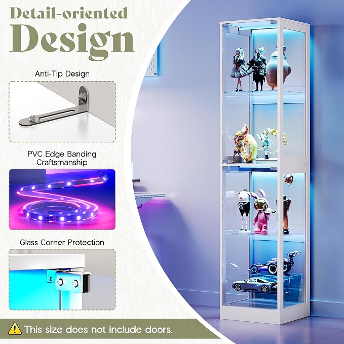 AMERLIFE 16-Inch RGB Display Cabinet | 70 H x 16 W x 16 D In, 4-Tier Storage, Adjustable Shelves, RGB LED Lights, for Collectibles, White