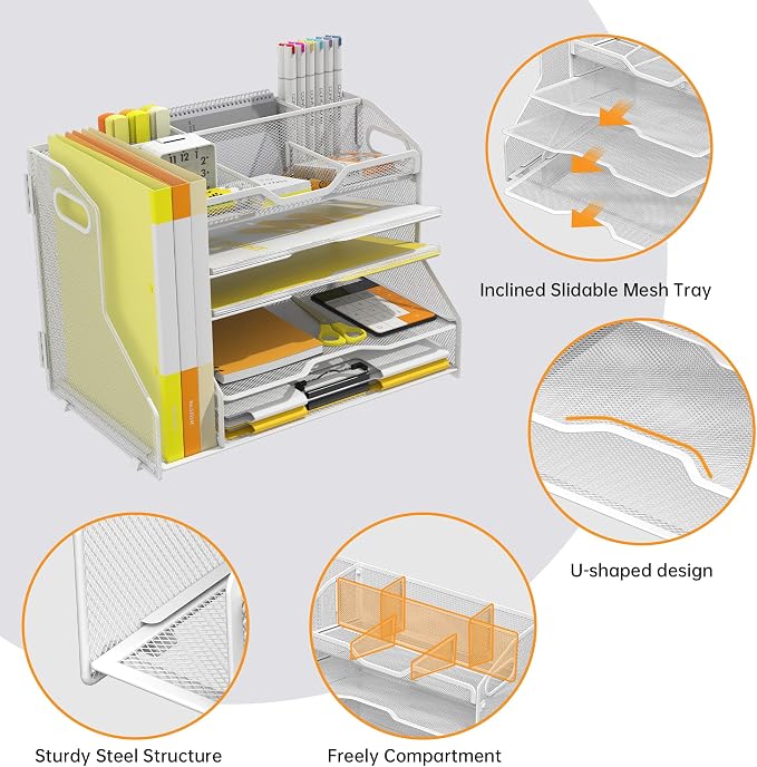 YINGHUA 5-Tier Mesh Desk Organizer and File Holder, Letter Tray - White | Sturdy steel mesh with 3 sliding trays, 2 handles, 6 adjustable top sections. U-shaped design for easy access to office files
