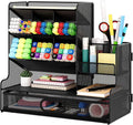 Desk Organizer with Drawer, Mesh Marker Pen Holder for Desk, 13 Compartments Stationery and Art Supplies Organizer, Office Accessories and Workspace Storage Rack, Black