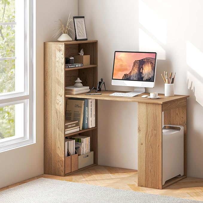 GRAFFY Computer Desk with 6 Storage Shelves - 48" Reversible Writing Desk Workstation with Bookshelf and CPU Stand, Modern Compact Office Desk for Bedroom, Study, Home, Office (Natural) | Reversible Writing Desk with 6 Storage Shelves, Modern Compact O...