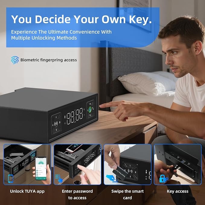Smart Safety Box, Biometric Gun Safe for Handguns, Portable Security Safe with Fingerprint Lock, RFID Card, Keys, Anti-Theft Steel Cable, for Home & Travel, USB Charging, 2.4L Capacity