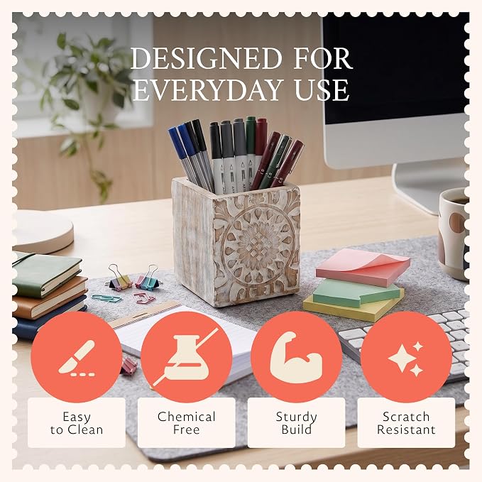Serena Mango Wood Pen Holder - Whitewash, 4x3.5 in | Cute wooden pencil cup layout curated specifically to provide quick home desk organization and rustic office decor styling.