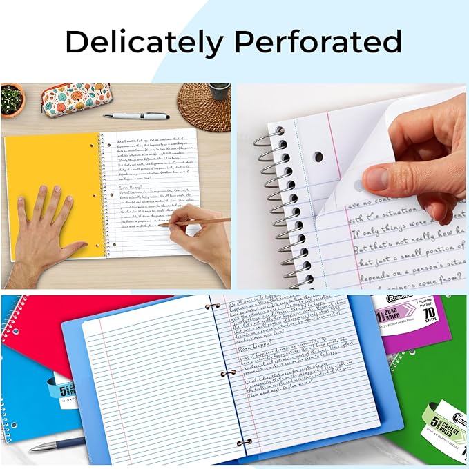 Rosmonde Spiral Notebook 12 Pack, 5 Subject, 300 Pages/Book (150 Sheets), College Ruled, 8 x 10-1/2, School & Office Bulk Spiral Notebooks, Spiral Journal for College, Soft Cover, Assorted Colors