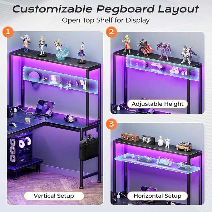 L Shaped Gaming Desk with LED Lights & Power Outlets | Reversible Computer Desk with Storage Shelves & Bag, Large Corner Home Office Desk with Pegboard for Work from Home, Black