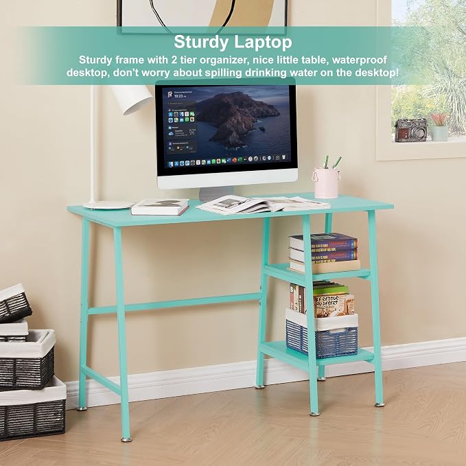 VECELO 43.1 Inch Computer Desk Home Office Blue Study Desk Work Office Table with Shelves Wooden Desk for Bedroom