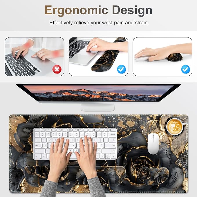 Desk Mat Pad, Gaming Mouse Pad Wrist Support Set, 4 in1 Non-Slip XXL Large Mousepad + Ergonomic Keyboard Wrist Rest+Mouse Wrist Rest+Coaster for Home Office PC Computer I Black Gold Floral