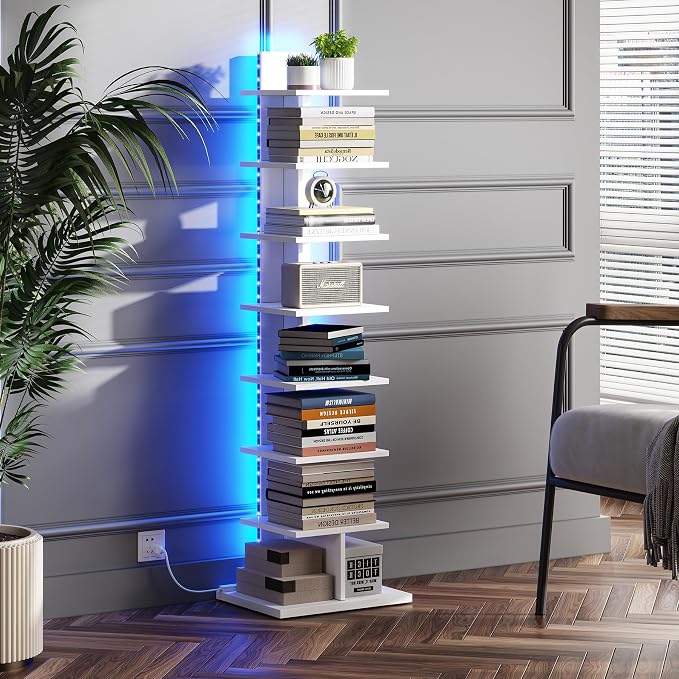 TUTOTAK Book Shelf, Narrow Spine Bookshelf, 8-Tier Bookcase with LED Lights | 10.4 x 13.4 x 47.5 Inches Vertical Freestanding Corner Shelf for Living Room, Office, Small Space, White BS06BW008L