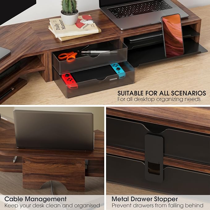 Fenge Dual Monitor Stand, Corner Desk Shelf with Drawer & Slide-Out Tray | Modular Design for Flexible Layouts, 2-Tier Storage Desktop Organizer for Computer, Laptop, Printer and Telephone