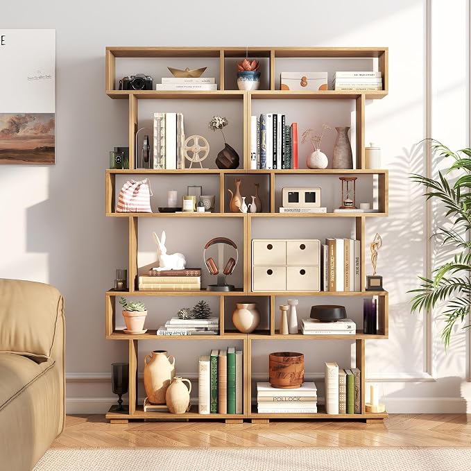 Tangkula 6-Tier S-Shaped Bookshelf, 64" Freestanding Geometric Bookcase, Home Office Wood Storage Shelf with Anti-Toppling Device, Room Divider Display Rack for Study, Living Room (2, Natural)