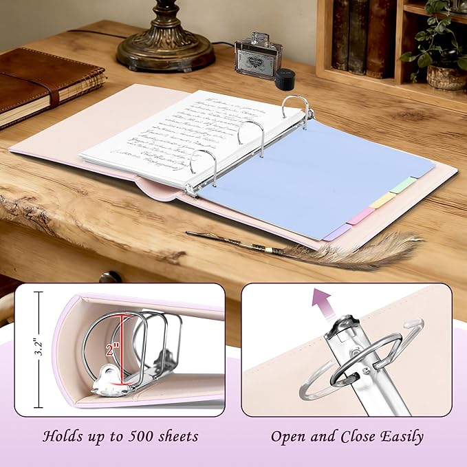 Ospelelf Leather 3 Ring Binder 2 Inch, Vintage D Ring Binder with Pockets and 5 Tab Dividers, Hardback Book Style Document Organizer Fits Letter Size for Home and Office Pink