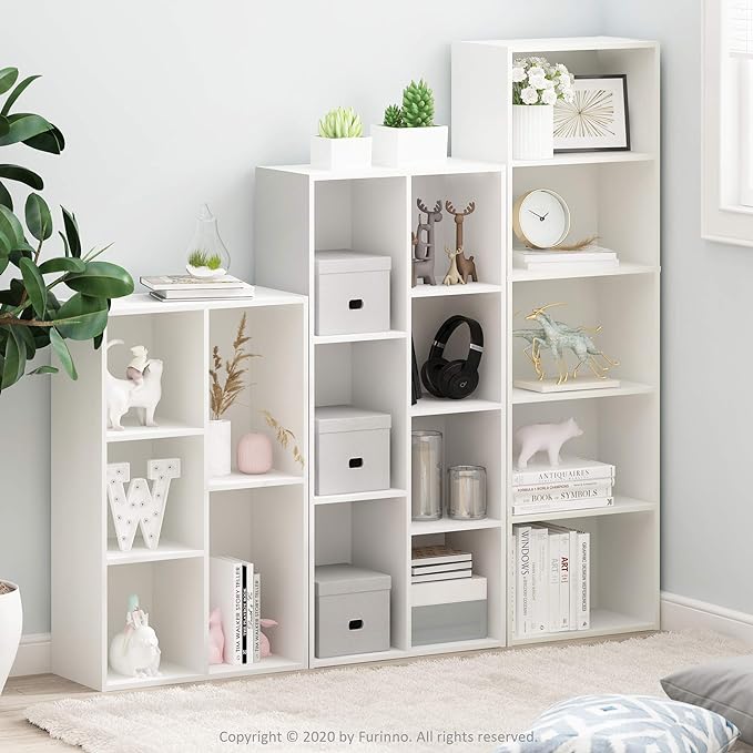 Furinno LUDER Book Shelf, 7-Cube Bookshelf, Bookcase with Open Shelves, 9.4 x 19.5 x 41.7, Easy Assembly, for Living Room, Bedroom, Home Office, White