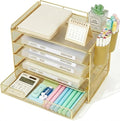LEKETREE Desk Organizers and Accessories, 5-Tier Paper Letter Tray Organizer with Drawer & 2 Pen Holders, Desktop Organizer for Office Supplies (Gold)