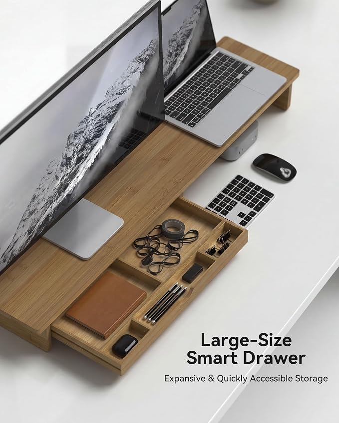 42” Monitor Stand with Large Drawer Keyboard Storage,Dark Bamboo | dual Computer monitor riser shelf for 55-72 inch desk aesthetic workplace computer setup desktop organizer easy assembly
