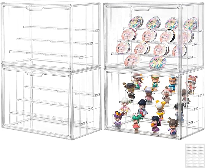 Acrylic Display Case for Collectibles, 4 Tier Figure Display Box, 4 Pack | 3 Movable Dividers, Magnetic Door for Easy Access, Clear Showcase, Easy Assembly, Stable Stacking, Wide Handle, Dustproof
