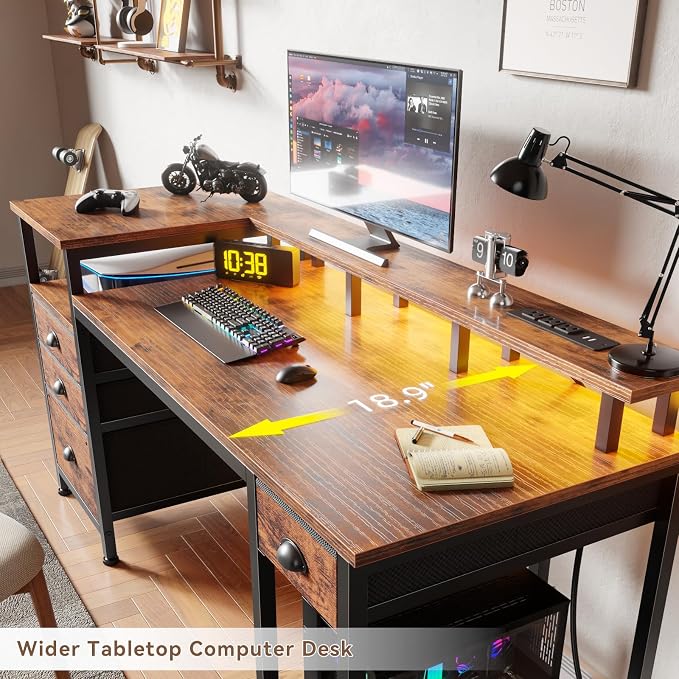Furologee 60" Computer Desk with 4 Drawers, Power Outlet, LED, Rustic Brown | Home Office Desk with Full Monitor Stand,Storage Shelves, 4 File Drawers Cabinet ,Printer Space for Study Working Bedroom