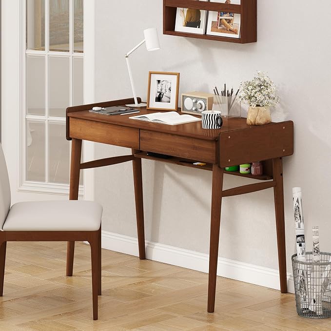 Giantex Mid Century Modern Desk, 39.5" Bamboo Computer Desk with 2 Drawers and Open Storage Shelf, Makeup Vanity Table, Wood Computer Workstation, Vintage Writing Desk for Bedroom, Walnut