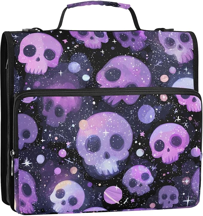 Purple Skulls Black Background 3 Ring Binder Bag 1.5 inch Binder Organizer with Zipper Shoulder Strap 500 Sheet Documents Storage for School Office