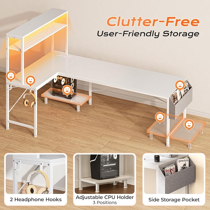 L Shaped Gaming Desk with LED Lights & Power Outlets | Reversible Computer Desk with Storage Shelves & Bag, Large Corner Home Office Desk with Pegboard for Work from Home, White