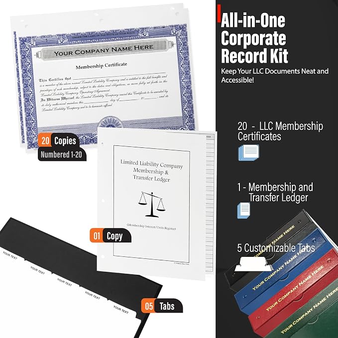 Business Records LLC Kit (Red) - Binder, Slipcase, Operating Agreement, Membership Certificates & Customizable Index Tabs
