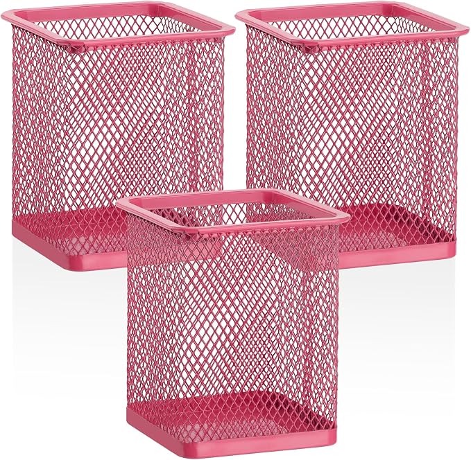 Segarty Pen Cup Holder, 3 Pack Square Dark Pink Pen Holder for Desk, Cute Mesh Pencil Cups Container Set for Office Supply, School Classroom, Home Desktop Storgae and Organization, Brushes Organizer