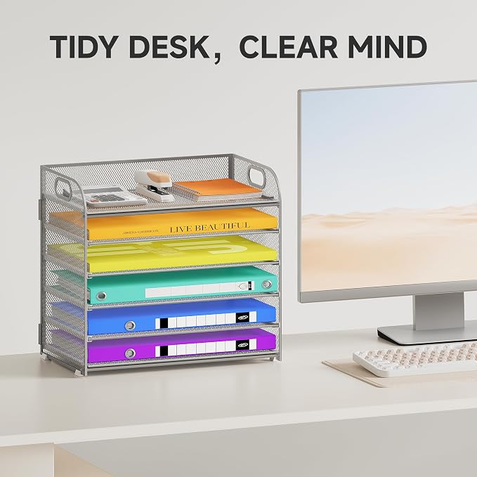 Cawukege 6 Tier Paper Organizer with Handle, Metal Desk Organizer Mesh Paper Letter Tray Desktop File Folder Document Sorter for Classroom, School, Office Accessories Storage (1, 6 Tier - Silver)