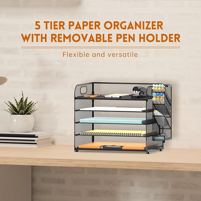 5-Tier Paper Organizer for Desk with Pen Holders, 2-Pack, Black | Metal Mesh Desktop File Organizer with Removable Trays and 2 Handles for Paper, Files, Mail, Folders in Office Home or School