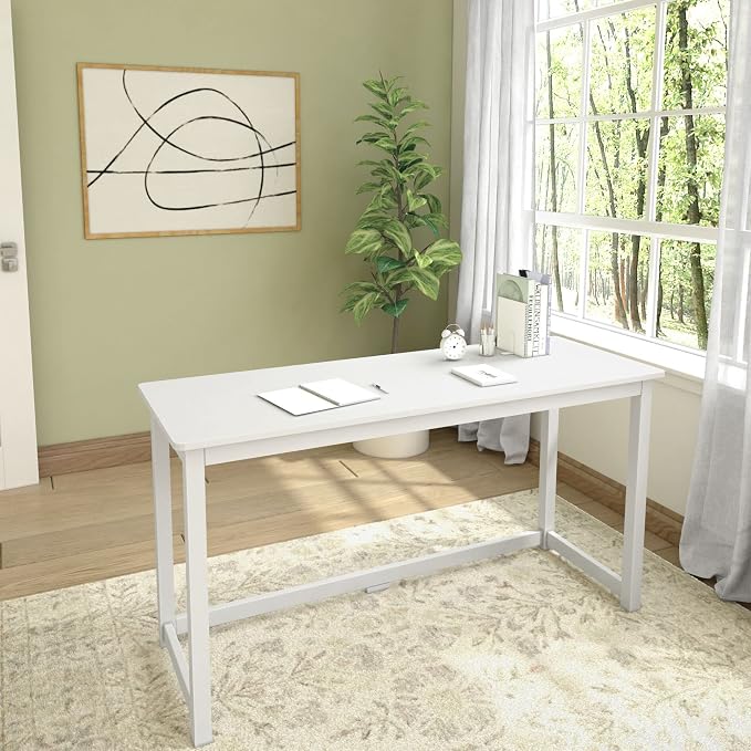 Plank+Beam Classic Desk, 55 Inch, White | Wooden Writing Desk, Non-Toxic Finishes, Large Desk Space, Engineered Wood, Matching Style, Solid Wood