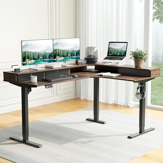 CubiCubi 63x48 Inches L Shaped Standing Desk with 3 Drawers and Monitor Shelf, Height Adjustable Corner Computer Desk with Hooks, Sit Stand Up Ergonomic Home Office Workstation Table, Deep Walnut