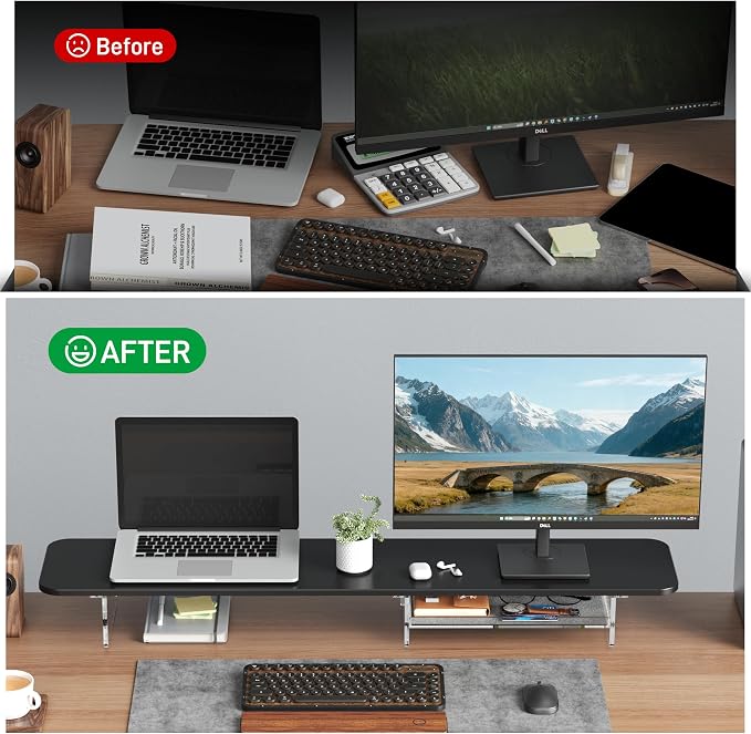 AFOOYO Large Dual Monitor Stand For Desk,43 Inch Desktop Computer Riser with Felt Drawer Acrylic Legs Desk Shelf Organizer For Computer/Laptop/PC/Printer/TV