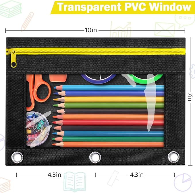 24 Pack Pencil Pouch for 3 Ring Binder, Featuring Colored Zippers & Transparent Windows, Multicolors Fabric Pencil Case Pouch Durable Zipper Pencil Bags in Bulk for Office School Supplies (6 Colors)