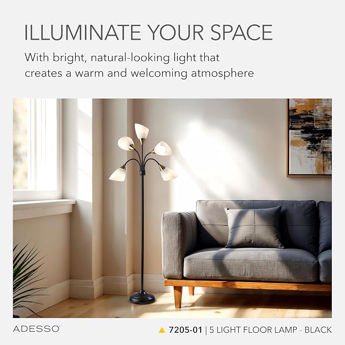 Adesso 5-Light Floor Lamp, Black, Movable Shades, Adjustable, 67”