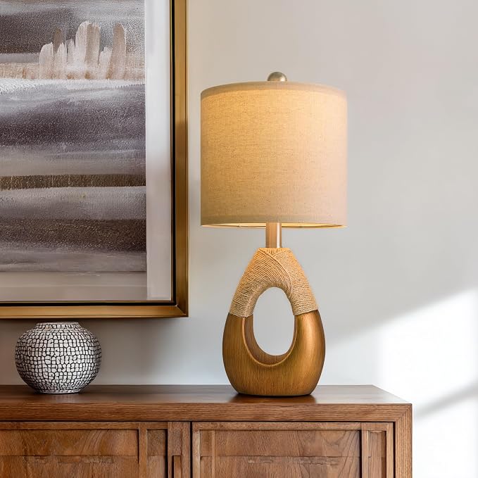 19" Table Lamps Set of 2, Boho Lamps for Living Room, Rustic Bedside Lamps for Bedroom, Farmhouse Rattan Table Lamp, Small Space Nightstand Lamp for Home Office (Bulb Not Included, Gold)