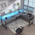 Pamray 64 Inch L Shaped Gaming Desk with Monitor Stand and Power Outlets | Large Corner Computer Desk With Pegboard & Led Lights USB Charging Ports for Home Office Study and Writing Bedroom and Dorms