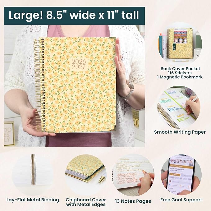 bloom daily planners HARDCOVER Planner 2026-2027 (8.5" x 11") Academic Year (July 2026 - July 2027) - 13 Months Task Goal Planner for Women - Monthly & Weekly Agenda Book - Butter Yellow Daisies