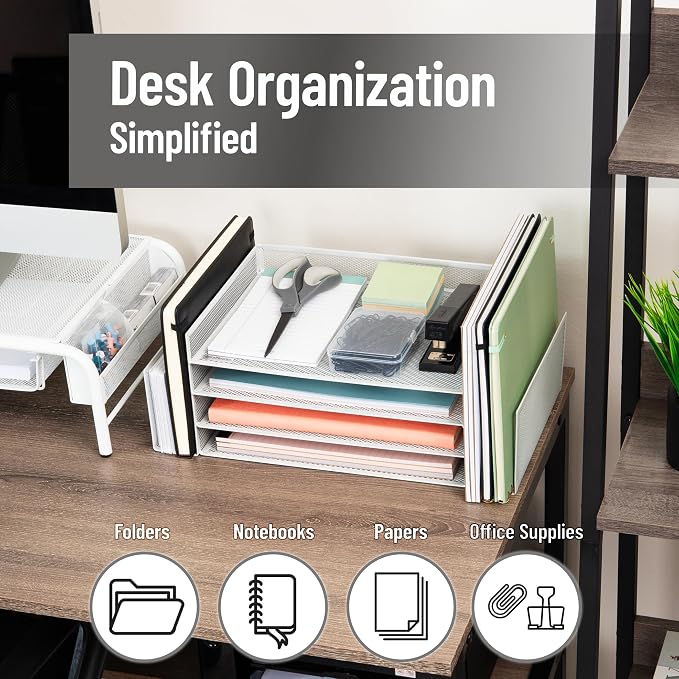 Mind Reader Desktop Organizer, File Storage, Paper Tray, Workspace, Office, Metal Mesh, 16.75"L x 9.15"W x 6"H, White
