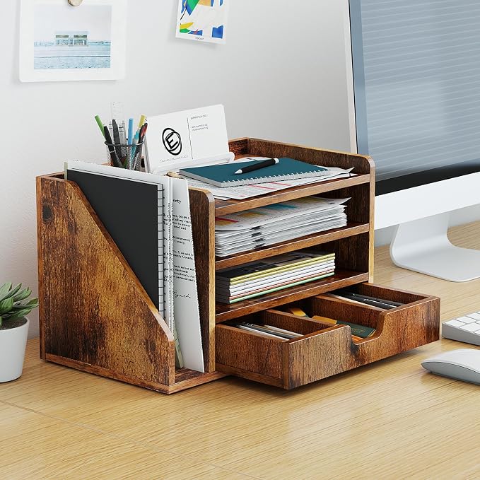 Wood Desk File Organizer with Side File Rack, Space-Efficient Design Easy to Assemble for Efficient Office Setup, Reduces Desk Clutter (Brown)